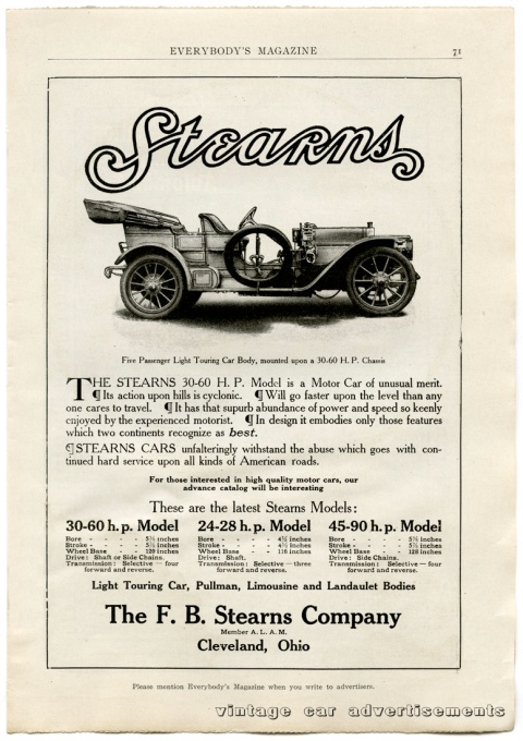 Vintage 1908 advertisement for the Stearns 30-60 H.P. Model automobile